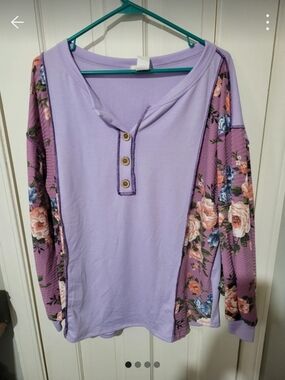 BiBi Lavender Henley with Floral Long Sleeves